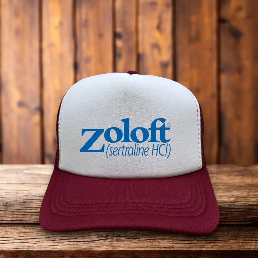 Zoloft Mens Trucker Hat Maroon Anti-Anxiety Mental Health Cap Retro Logo Cap